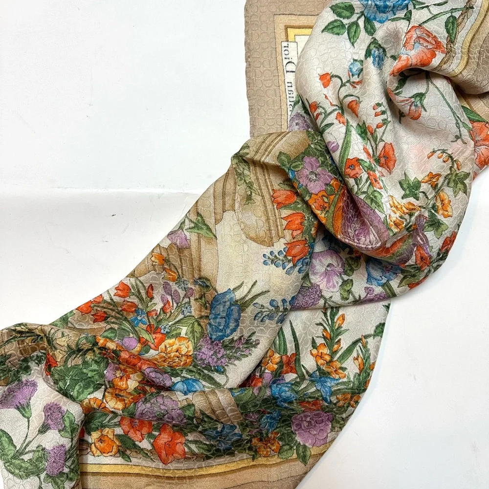 Christian Dior Floral Peacock Silk Scarf in Cream, Gold, Blue & Orange